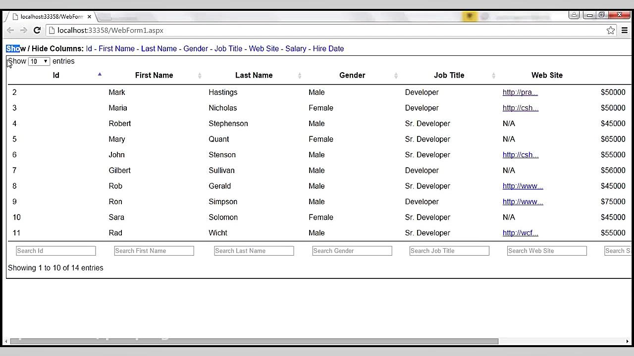 108 jQuery datatable show hide...