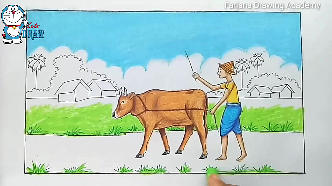 A village scenery drawing step...