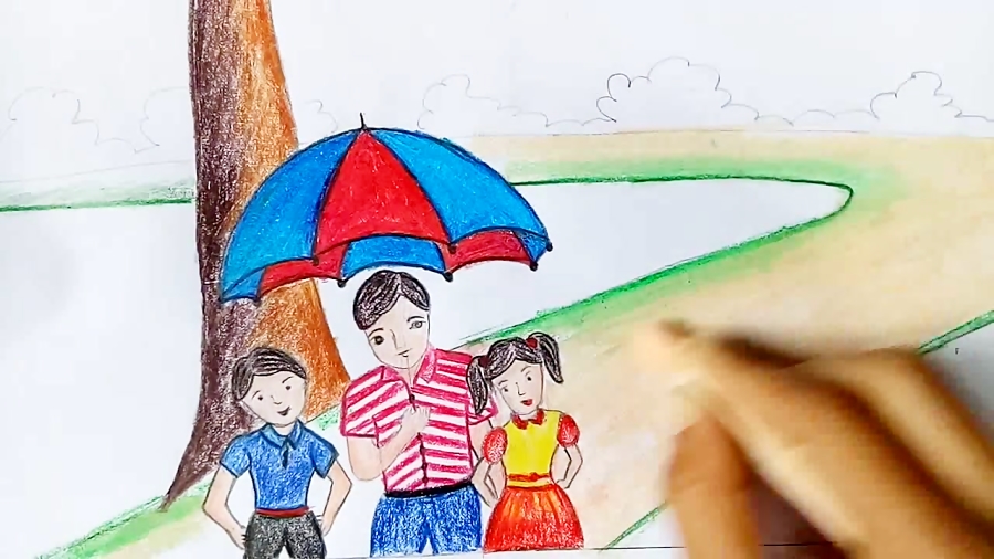 How to draw scenery of rainy season.Step by step(easy draw) - سی وید