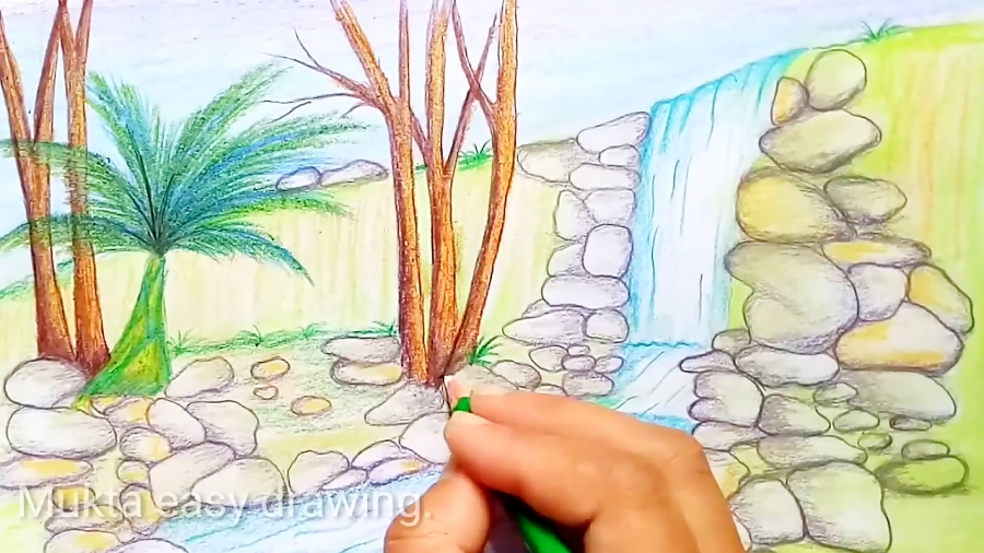 Beautiful waterfall landscape Drawing Sunset view 😊😊😍😍 Click below to  see full description 👇👇👇 https://youtu.be/Vjf25RtiMlA | By  VermajiArtsFacebook