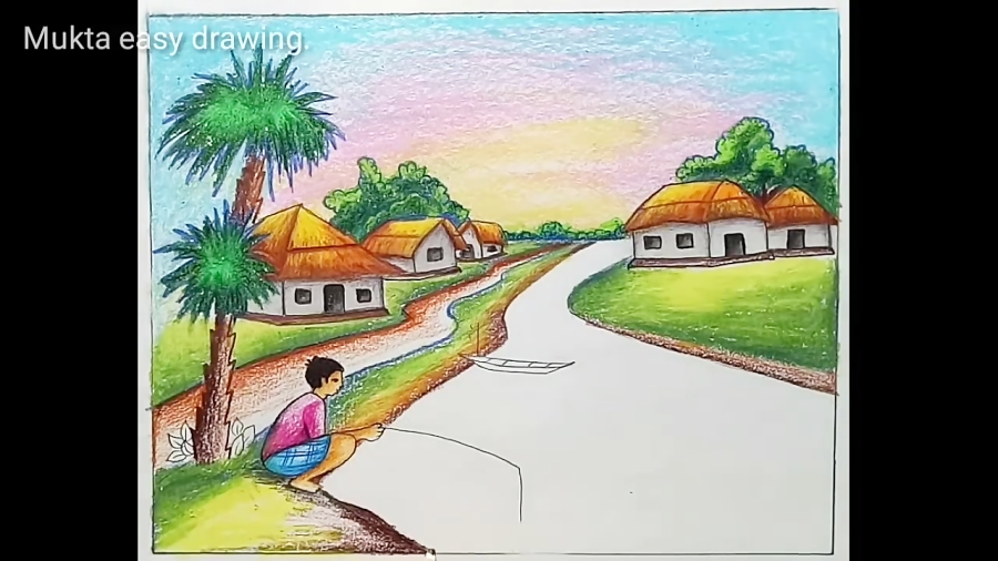 How to draw scenery of fishing with Oil Pastel.Step by step(easy draw)