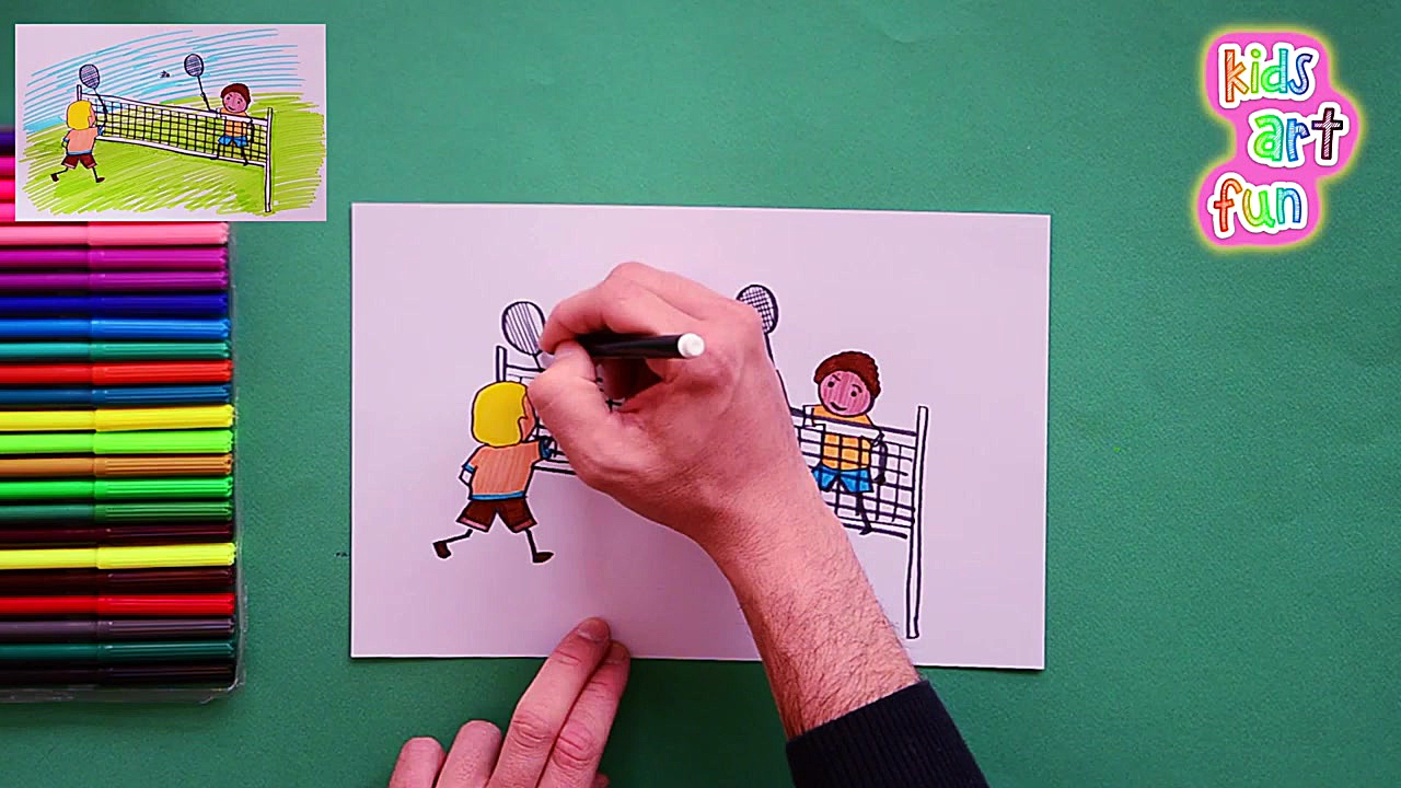 How to draw kids playing badmi...