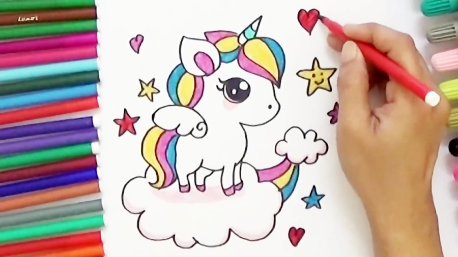 How to Draw + Color Pink Fluffy Unicorn Dancing on Rainbow step by