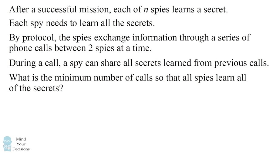 HARD Logic Puzzle How Can Spies Share Secrets Efficiently?