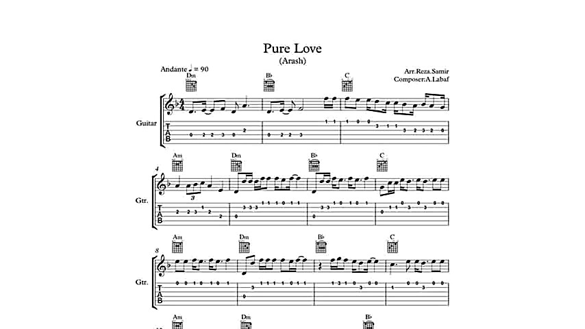 نت گیتار اهنگ Pure Love از آرش...
