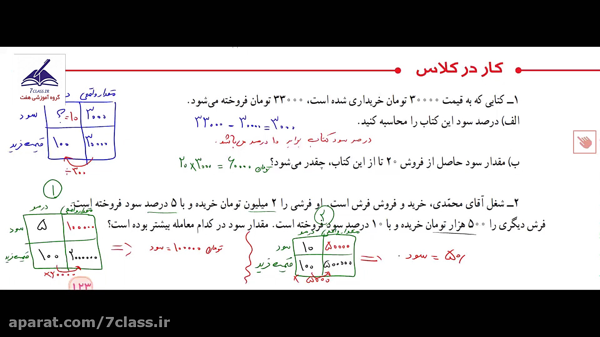 جواب کاردرکلاس صفحه 123 ریاضی...