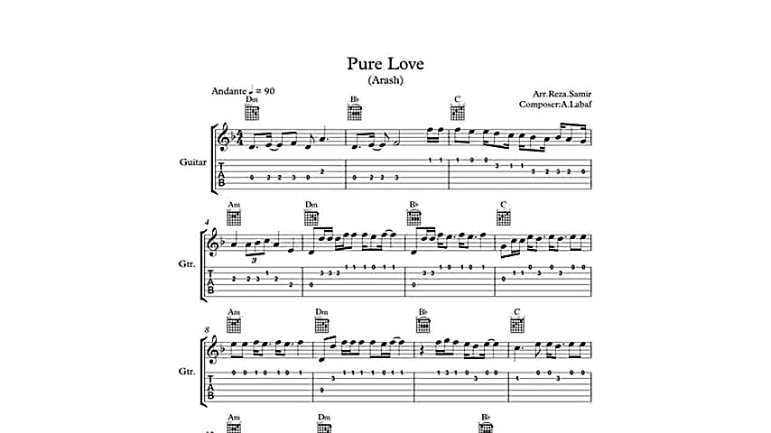 نت گیتار اهنگ Pure Love از آرش...