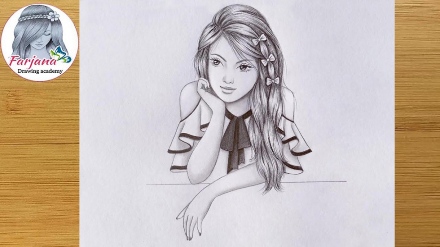 نقاشی یک دختر ناز که با دست رو...