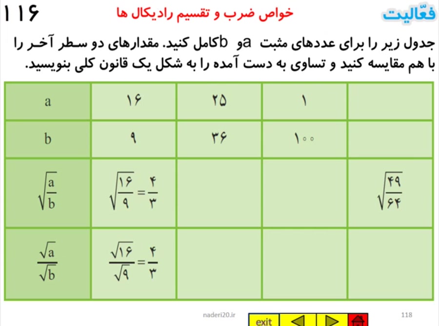 حل صفحه 116 ریاضی هشتم خواص ضرب و تقسیم رادیکال ها