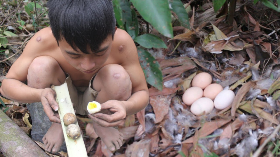 Primitive Technology: Make fishing nets in the forest and cooking fish on a  rock 