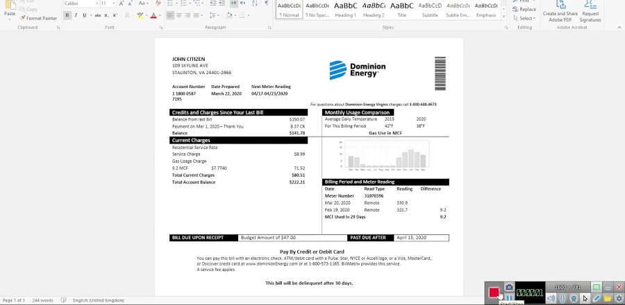 USA DOMINION ENERGY UTILITY BILL TEMPLATE IN WORD AND PDF FORMAT