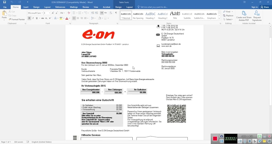 GERMANY E.ON ENERGIE ELECTRICITY UTILITY BILL TEMPLATE IN WORD AND PDF FORMAT