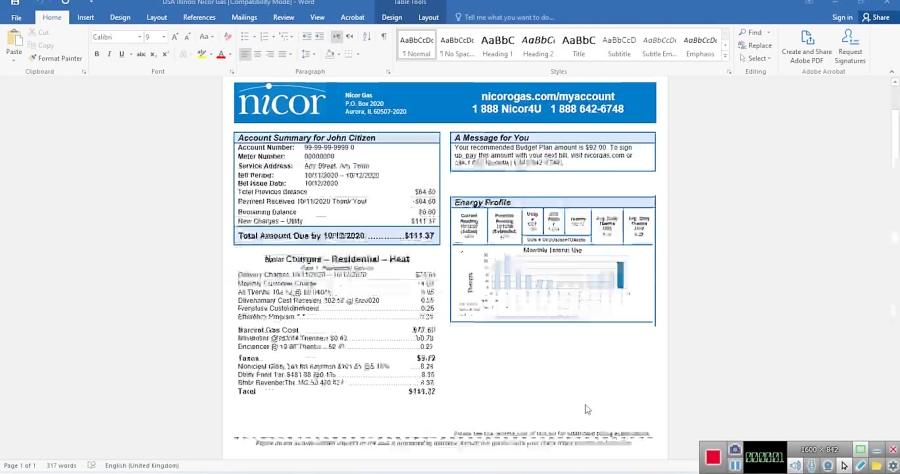 USA ILLINOIS NICOR GAS UTILITY BILL TEMPLATE IN WORD AND PDF FORMAT