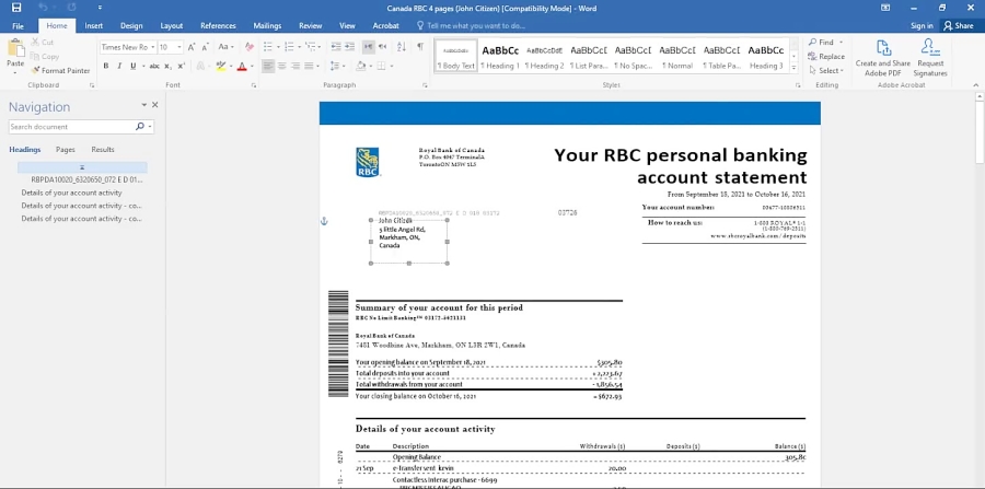 CANADA ROYAL BANK OF CANADA (RBC) BANK STATEMENT TEMPLATE