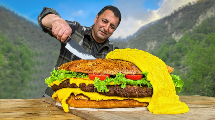 آشپزی در طبیعت  همبرگر گوشت