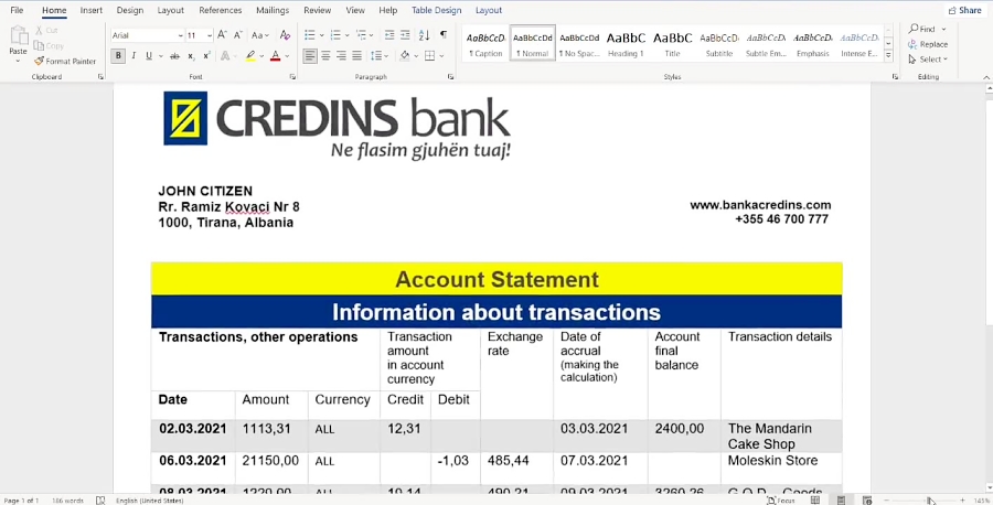 Albania Credins Banking Statement Template I