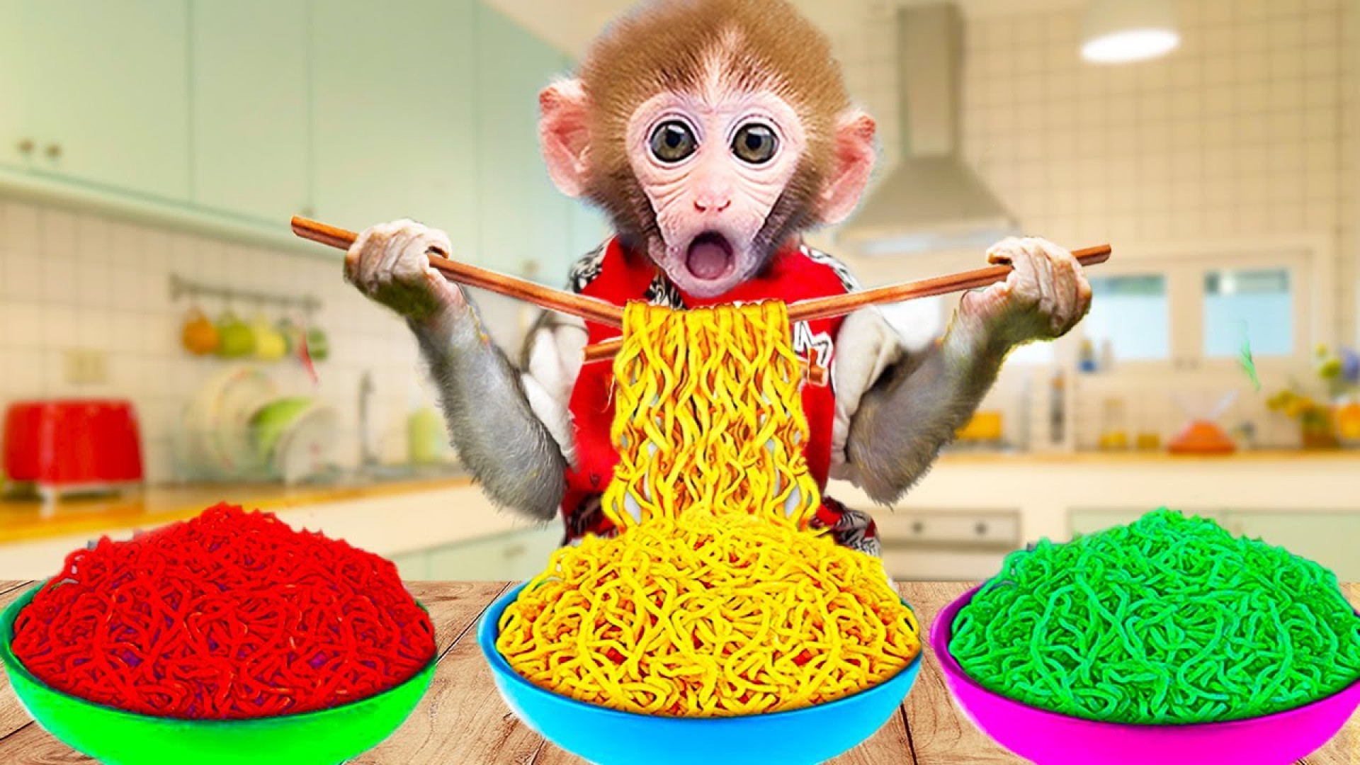 بچه میمون رشته های رنگارنگ می...