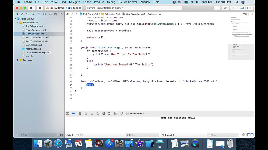 Switch, Field Custom TableView Cell in Xcode