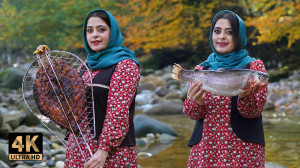 سالمون کبابی در کنار رودخانه&z...