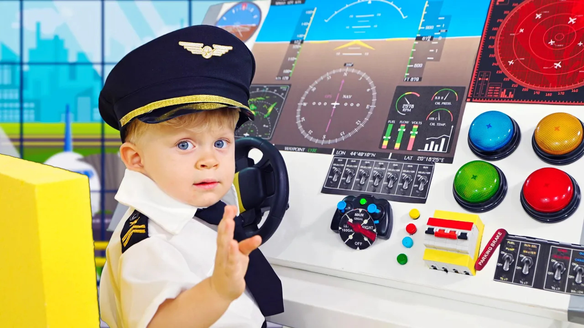 Diana and Roma show the Safety Rules on board the Airplane