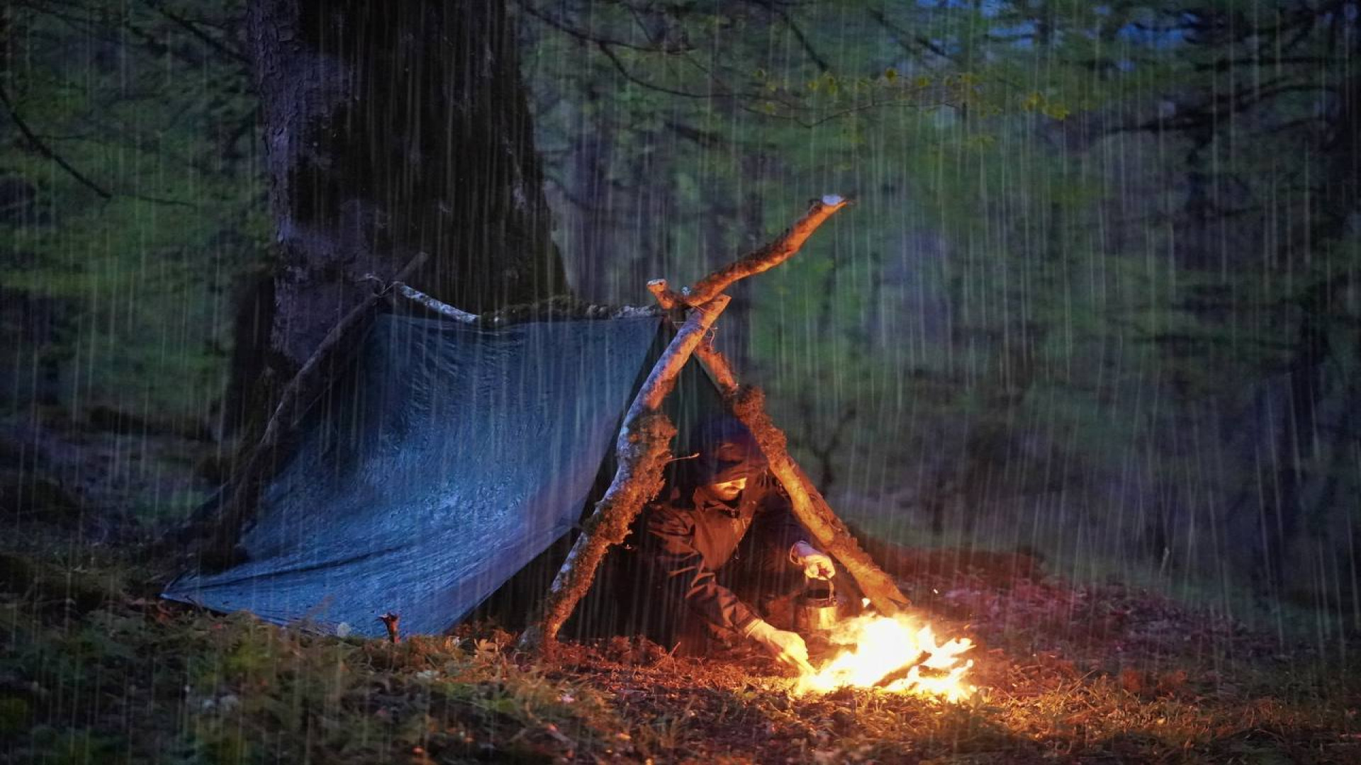 کمپینگ در بهار بارانی در جنگل