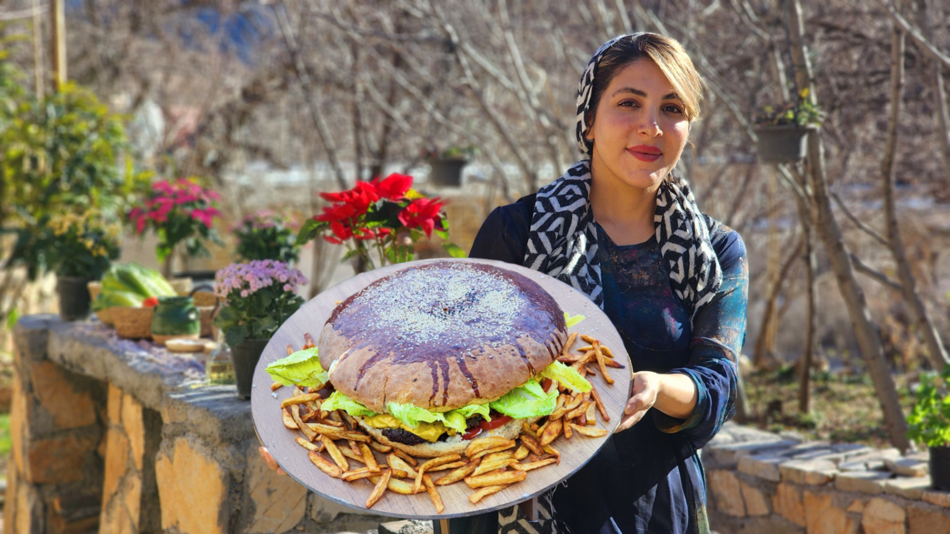 طرز تهیه یک برگر بزرگ در روستا...