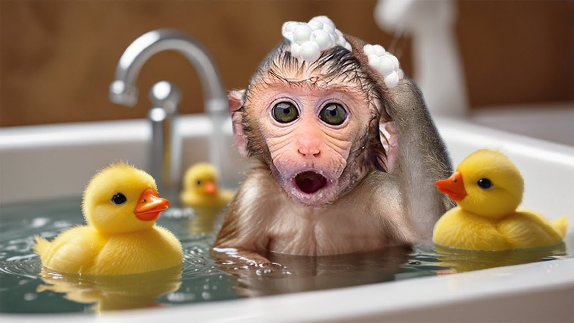 BiBon Monkey Bathing With Baby Ducks In The Bath | Animals Home Monkey