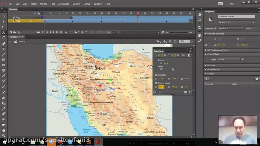 19 حرکت سه بعدی روی نقشه Adobe Animate سعید طوفانی