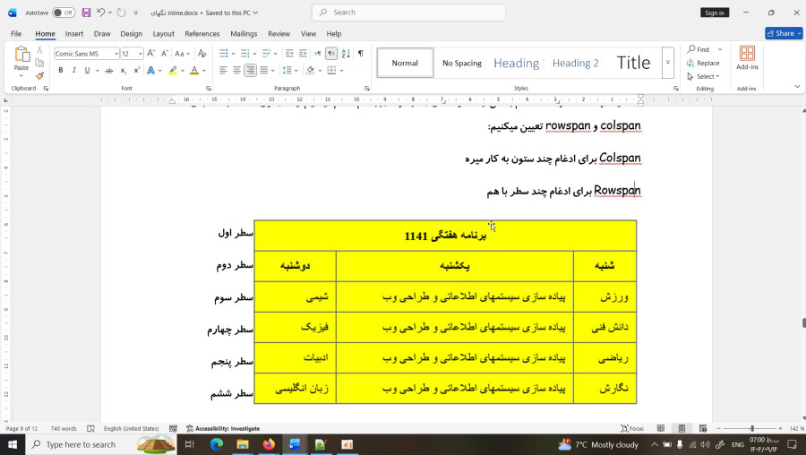 ادغام سلولهای جدول در html