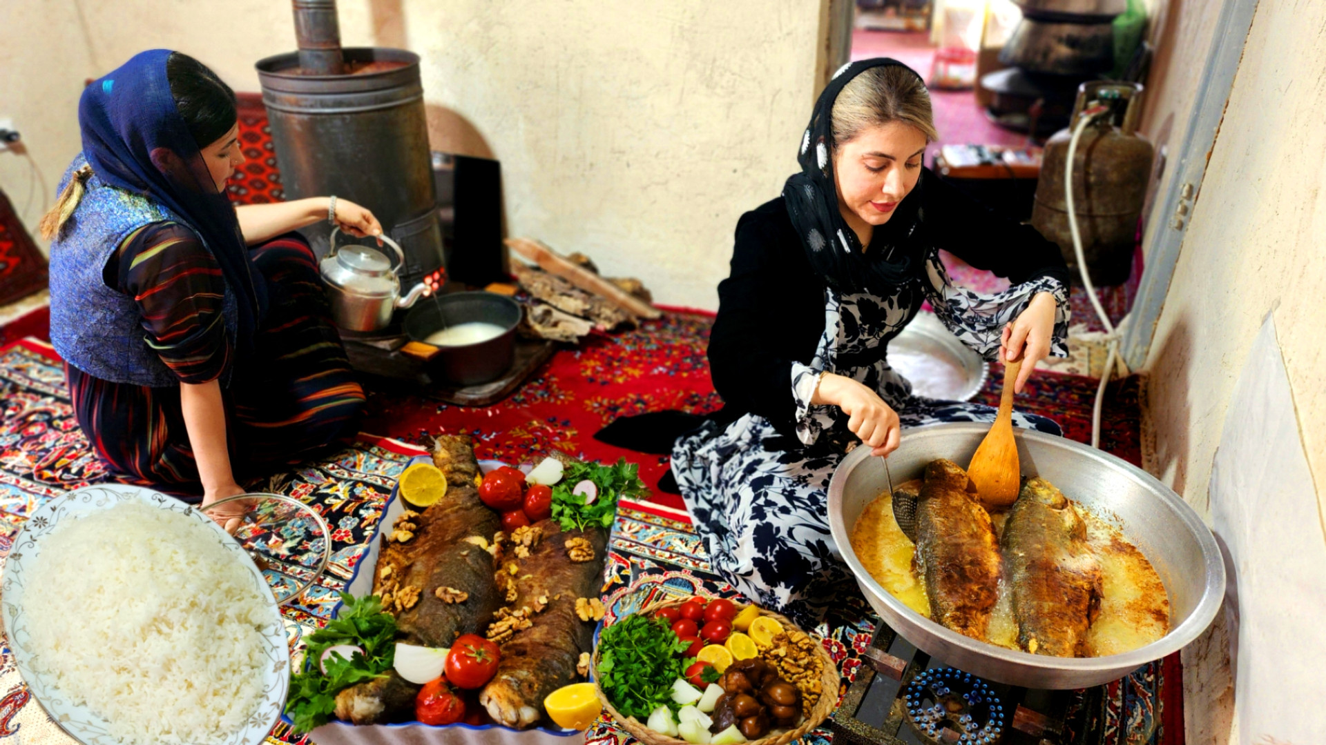 پخت ماهی تازه از رودخانه اطراف...